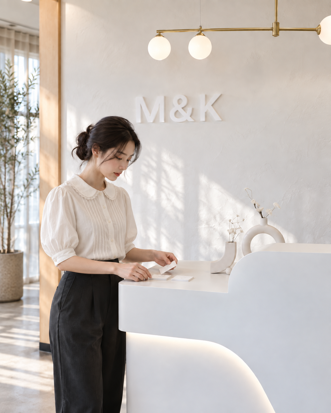 白いブラウス姿で受付を整える一人の架空スタッフ。店内を参考にした生成イメージ